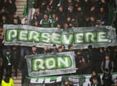 Hibs fans show support for chairman Ron Gordon during the match against Kilmarnock. Picture: SNS