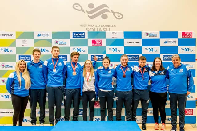 The Scotland team at the World Doubles in Glasgow in April. Douglas Kempsell is fourth from the right, Georgia Adderley is fifth. Picture: Roberts Sports