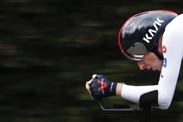 Team Ineos rider Great Britain's Tao Geoghegan Hart rides during the individual time trial in the 21st and final stage of the Giro d'Italia. Picture: Luca Bettini/AFP via Getty Images