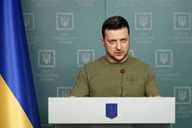 This handout video grab taken and released by the Ukraine Presidency press service on March 6, 2022 shows Ukrainian President Volodymyr Zelensky delivering an address in Kyiv. via Getty Images