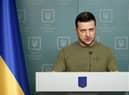 This handout video grab taken and released by the Ukraine Presidency press service on March 6, 2022 shows Ukrainian President Volodymyr Zelensky delivering an address in Kyiv. via Getty Images