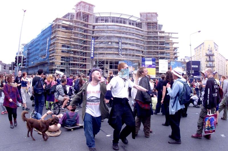 The 'Reclaim the Streets' anti-capitalism demo hits Tollcross, 17 June 2000.