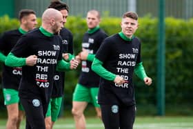 Hibs players incuding David Gray and Kevin Nisbet show the club's support for Show Racism the Red Card