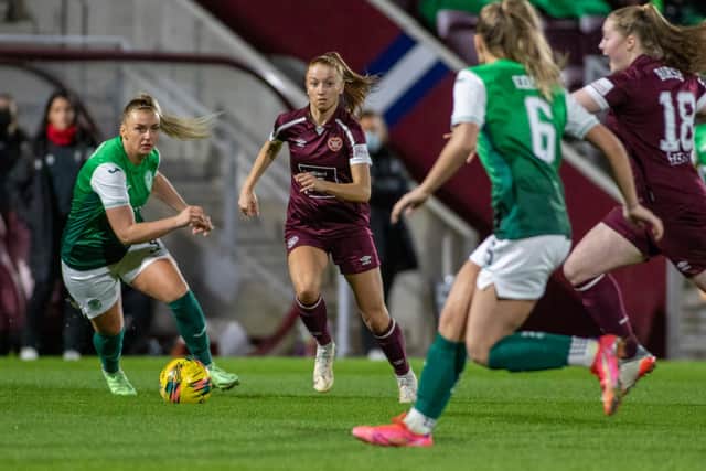 Jennifer Smith runs at the Hibs defence at Tynecastle. The visitors won 3-1 on the night.  Picture: Thomas Brown