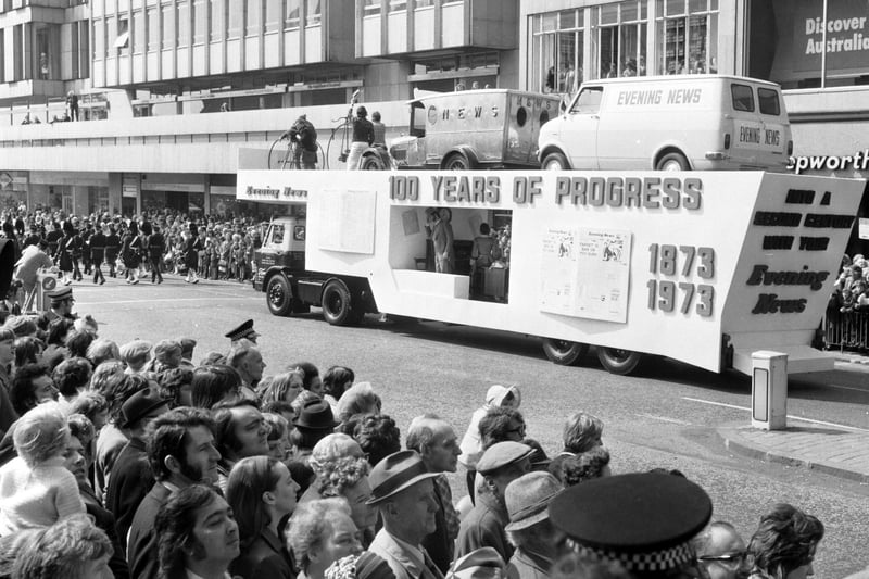 The Evening News Centenary parade down Princes Street Edinburgh in May 1973 - featuring the Evening news float with old and new vans.
