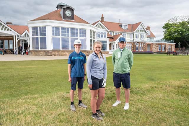Ryan Pirie, Louise Martin and Ryan Gallagher pictured during their visit to Muirfield for a practice round. Picture: Recounter Media Limited.