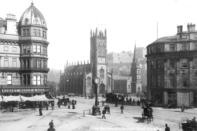 West End of Princes Street in the late 19th century showing Maule's store. this stunning building was constructed in the late 19th century and replaced in 1935 for the current Johnnie Walker (formerly Binns, House of Fraser) building.