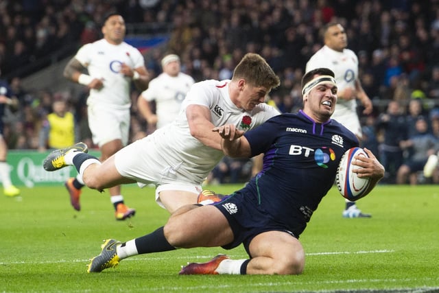 Scotland captain Stuart McInally goes over to score a try in the victory over England at Twickenham in 2019