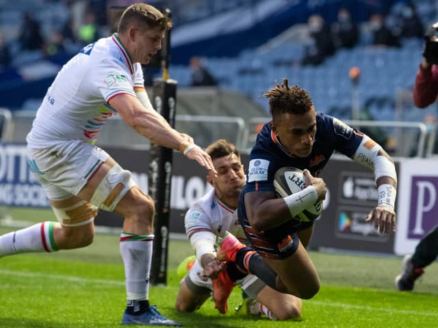 Eroni Sau scores Edinburgh's first try in the Rainbow Cup win over Zebre at BT Murrayfield. Picture: Ross Parker/SNS