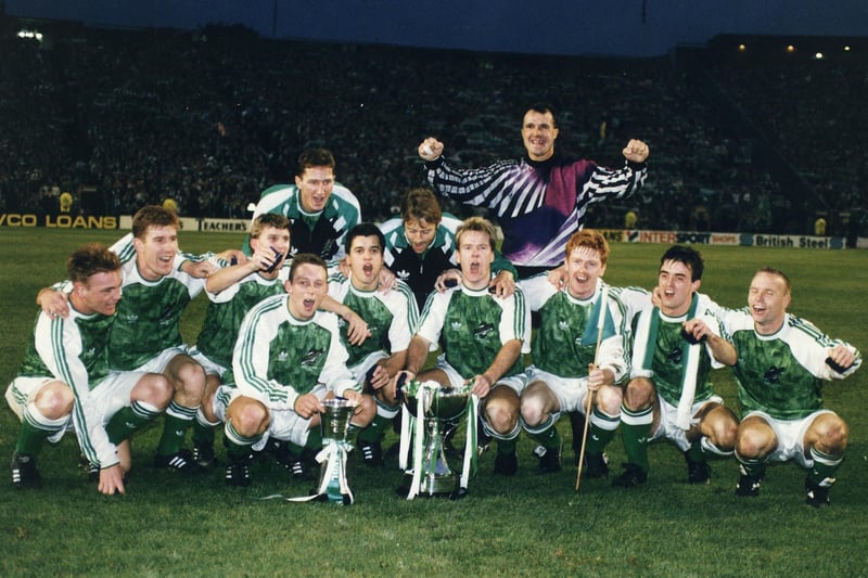 Kicking off with the classic 'no sponsor' Hibs Adidas home top from season 1991-92, the "team that wouldn't die". The Hibs team are pictured with the Skol Cup at Hampden in 1991 after they beat Dunfermline in the final, just over a year after the club was so close to being taken over by rivals Hearts and disbanded. A strip that holds a place in Hibs fans' hearts for obvious reasons.