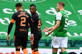 Rangers James Tavernier turns down a handshake from Ryan Porteous at full time during a Scottish Premiership match between Hibs and Rangers at Easter Road on September 20, 2020.