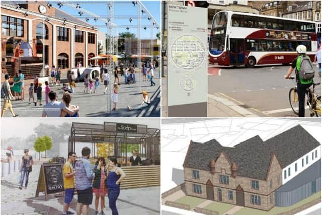 A selection of the projects under consideration including (clockwise from top right): Granton Station, Wayfinding Project, Corstorphine Community Centre, Westside Plaza.
