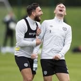 Robert Snodgrass and Lawrence Shankland during Hearts training earlier in the season. Picture: SNS