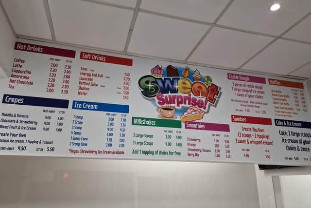 The menu at Sweet Surprise in Dalkeith.