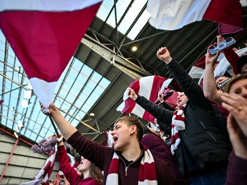 Hearts fans react before the start of the match (Photo by ANDY BUCHANAN / AFP via Getty Images)