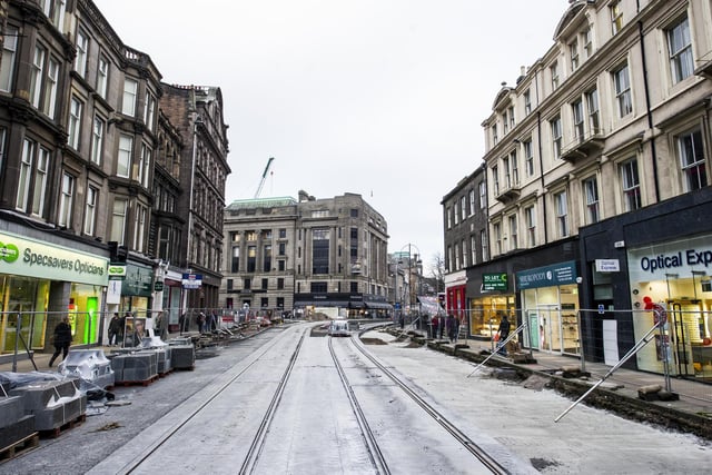 This photo taken in February 2013 shows Shandwick Place completely closed to traffic as the tram works continued.