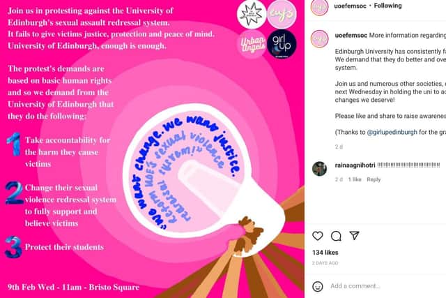 A post on the Edinburgh University Feminist Society Instagram account advertising the protest. (Credit: Edinburgh University Feminist Society)