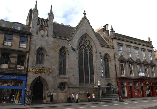 Frankenstein, the popular themed bar on George IV Bridge, which advertises itself as "the original horror pub", was originally built in 1859 as Martyrs' Reformed Presbyterian Church.  
Much later, the gothic building was home to Edinburgh's Elim Pentecostal Church, which later moved to Morningside.
The building was converted to a pub in 1999.