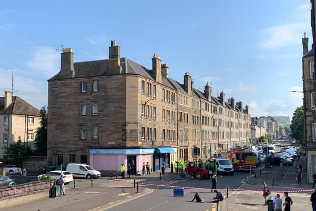 Easter Road in Leith closed following car crash.