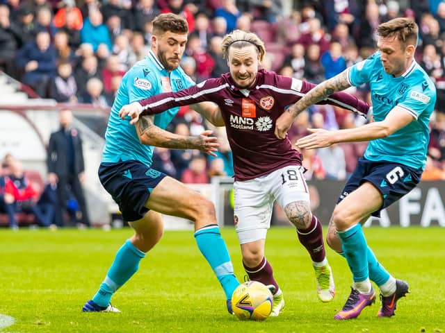 Hearts attacker Barrie McKay tries to break beyond Ryan Sweeney and Jordan McGhee during the 1-1 draw at Tynecastle earlier in the season. Picture: SNS