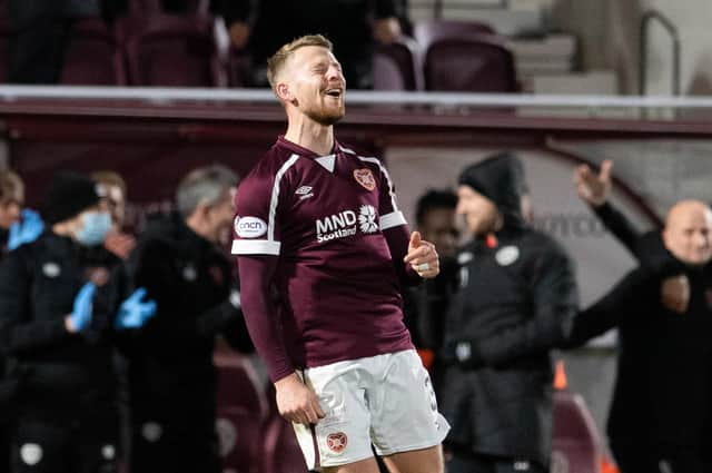 Stephen Kingsley celebrates making it 2-0 with a 30-yard free-kick during against St Mirren at Tyncastle Park