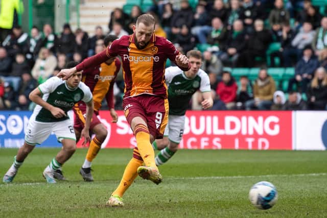 Kevin van Veen scores his penalty for Motherwell during their 3-1 victory over Hibs at Easter Road. Picture: SNS