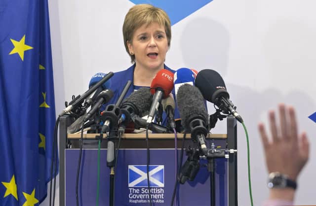 First Minister Nicola Sturgeon holds a news conference at Scotland House in Brussels