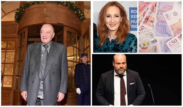 According to the Sunday Times, there are 10 billionaires at the head of the 2022 Scottish Rich List. Pictured clockwise: Mohamed Al Fayed, JK Rowling and Anders Holch Povlsen.