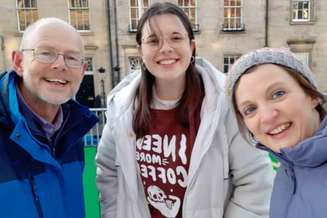 Jane Bradley (right) and her friends Ken Thomas and Flynn Moore usually skate at Murrayfield ice rink, which has remained closed during the pandemic.