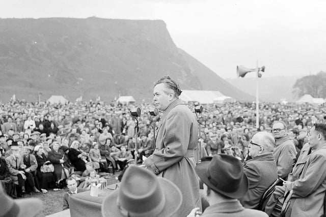Labour MP Harold Wilson speaking to the crowds at the Miners' Day Rally in Holyrood Park in 1955.