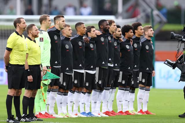 The Germany player line-up for the national anthem prior to their 4-0 win over Iceland in Reykjavik. (Photo by Alex Grimm/Getty Images)