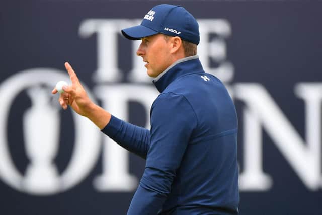 Jordan Spieth, the 2017 winner, reacts after putting on the 18th green at Royal St George's. Picture: Andy Buchanan/AFP via Getty Images.