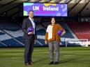 SFA chief executive Ian Maxwell and Glasgow City Council's Susan Aitken promote the Euro 2028 bid at Hampden Park. Picture: Alan Harvey / SNS