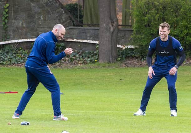 Scotland's Kyle Coetzer and Richie Berrington train at Goldenacre in Edinburgh ahead of the new cricket season. Picture: Lisa Ferguson