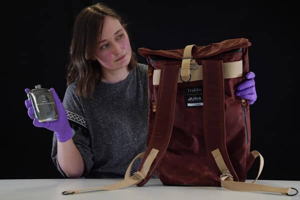 Doctoral Researcher Laura Scobie with a backpack and flask created in with Isle of Jura Distillery and Trakke
Pic: Stewart Attwood