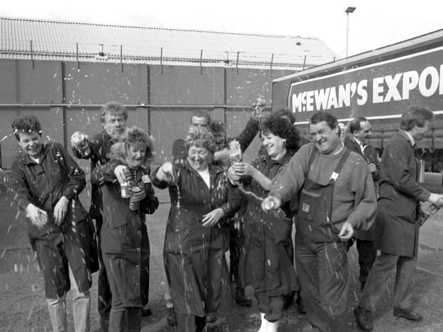 Australian company Elders IXL, were planning a merger with Scottish & Newcastle Breweries in 1988. S&N employees at Fountainbridge in Edinburgh celebrate the news that the bid had failed in March 1989.