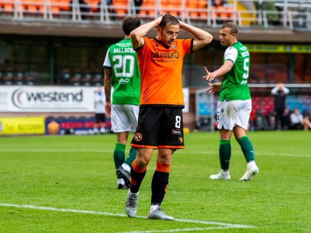 Peter Pawlett cuts a frustrated figure after missing a late chance in Dundee United's 1-0 defeat to Hibs in August. Picture: SNS