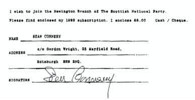 Sean Connery's signature on the membership form faxed to him by Gordon Wright.