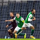 Hibs' Christian Doidge celebrates after scoring to make it 1-1 during the Scottish Cup semi-final match against Hearts. Photo by Alan Harvey / SNS Group