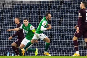 Hibs' Christian Doidge celebrates after scoring to make it 1-1 during the Scottish Cup semi-final match against Hearts. Photo by Alan Harvey / SNS Group
