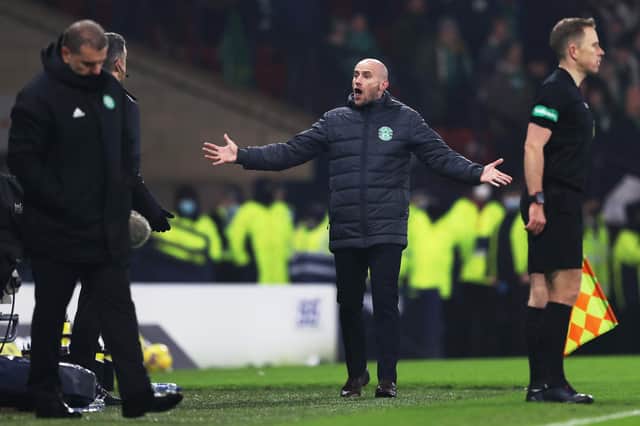 Hibs caretaker manager David Gray protests against a decision that goes Celtic's way
