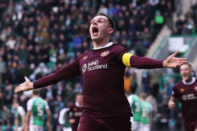 Lawrence Shankland celebrates his 20th goal of the season for Hearts in Sunday's Scottish Cup victory over Hibs at Easter Road. Picture: Craig Williamson / SNS