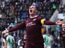 Lawrence Shankland celebrates his 20th goal of the season for Hearts in Sunday's Scottish Cup victory over Hibs at Easter Road. Picture: Craig Williamson / SNS