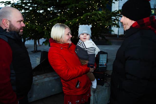 Joey and his mum at the Christmas light switch on