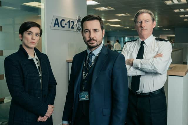 Martin Compston, centre, with Line Of Duty co-stars Vicky McClure  and Adrian Dunbar (Pic: Aiden Monaghan/World Productions/BBC/PA Wire)