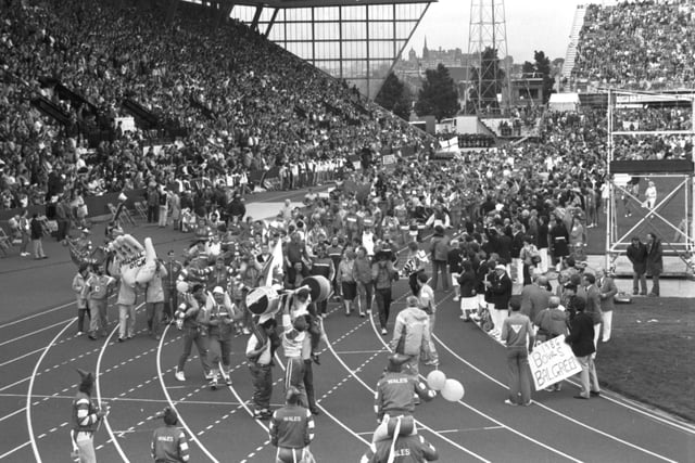 Athletes and support staff spill onto the track at the informal closing ceremony of the Edinburgh Commonwealth Games 1986, held at Meadowbank Stadium.
