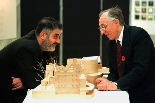 Architect Enric Miralles (left) and First Minister Donald Dewar with a model of the new parliament building. Picture: Ian Rutherford.