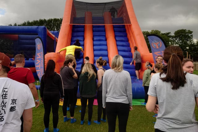 The first obstacle on the Tartan Titan challenge at Conifox Adventure Park in Kirkliston involved using a rope to climb up the steps to the top.