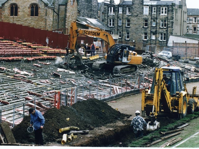 Bulldozers clearing the old stand from the Gorgie Road End of Hearts ground Tynecastle in 1997, making way for the new stand to be built.