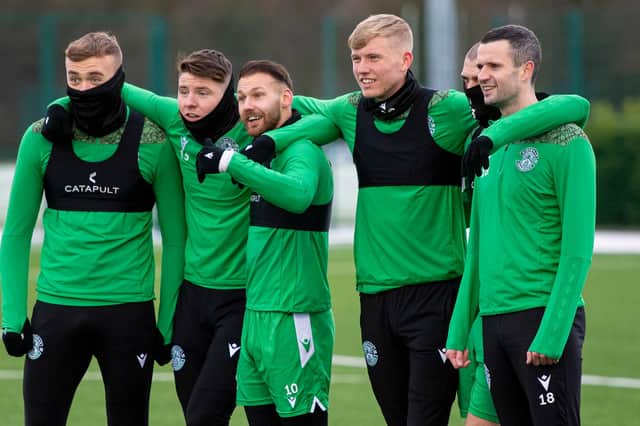 Jamie Murphy takes part in training ahead of Hibs' clash with Ross County